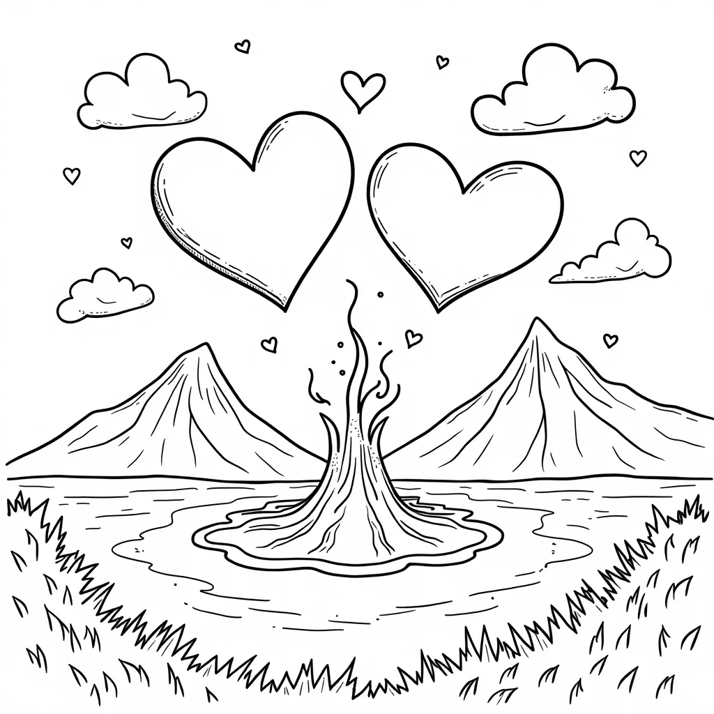 two hearts floating in the air flying low over erupting lava with mount everest in the background coloring pages