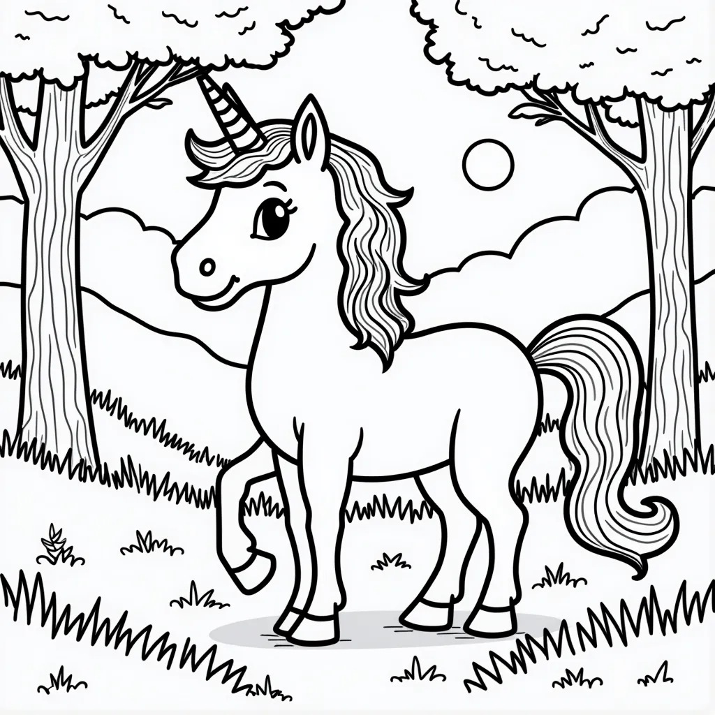 unicorn in a forest coloring pages