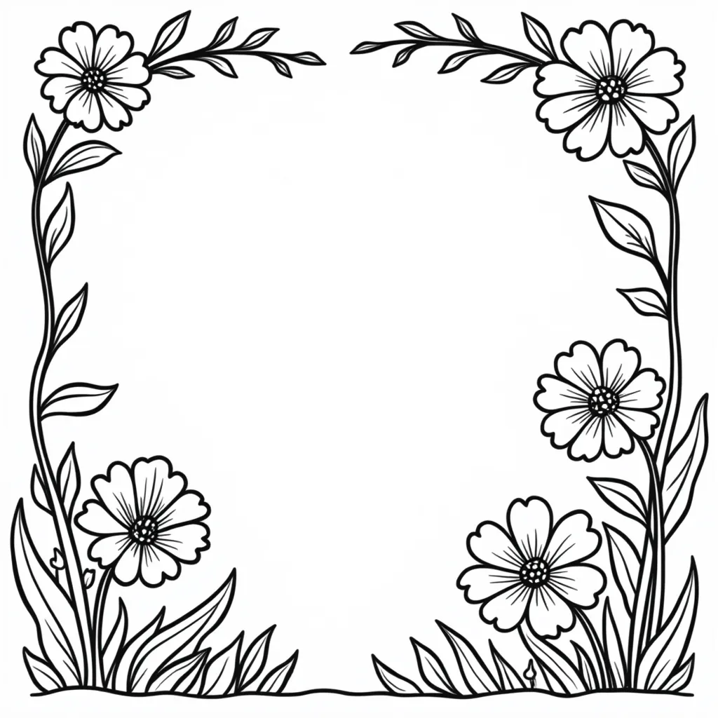 whimsical frame with flowers and grass leaves and vines twirling صفحات التلوين