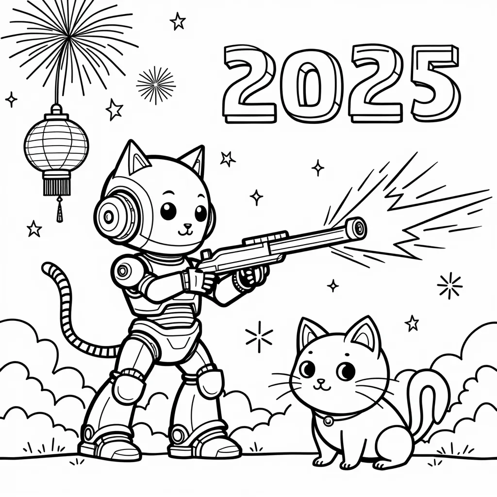 robot shooting a cat coloring pages