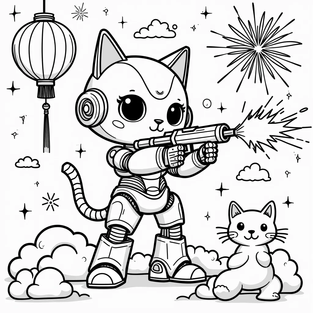 robot shooting a cat coloring pages