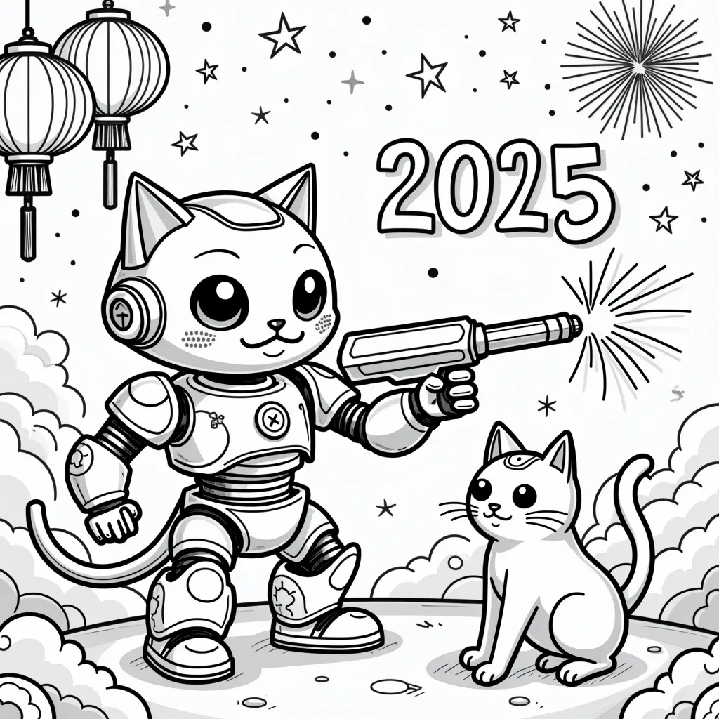 robot shooting a cat coloring pages