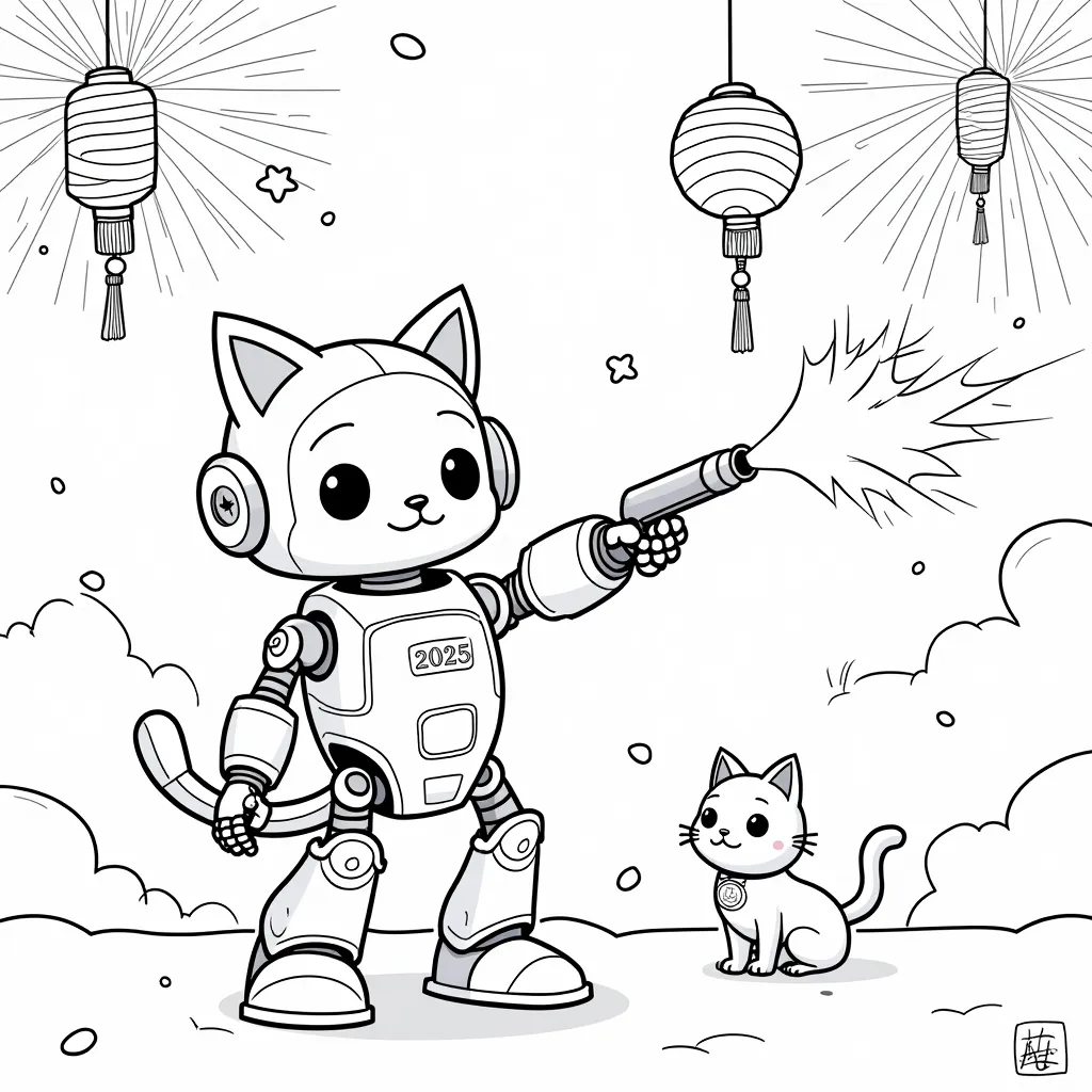 robot shooting a cat coloring pages