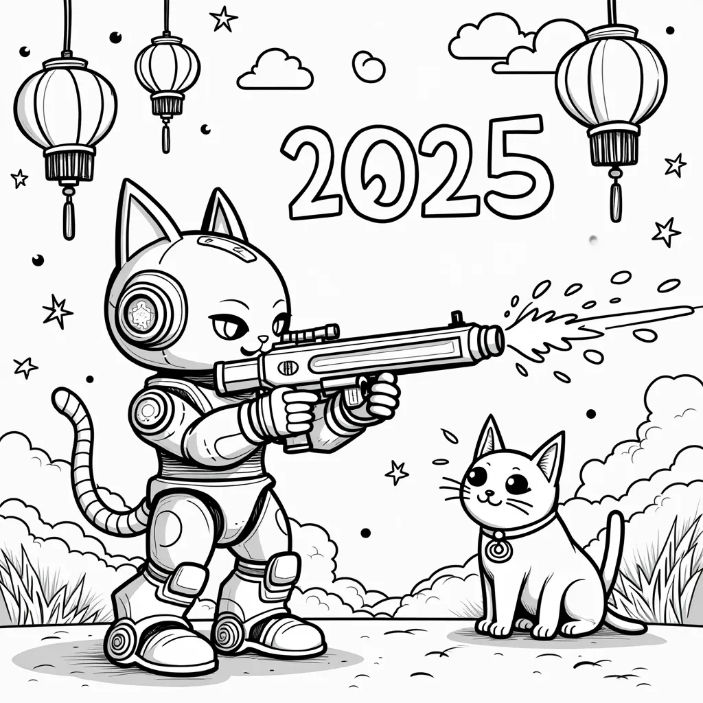 robot shooting a cat coloring pages