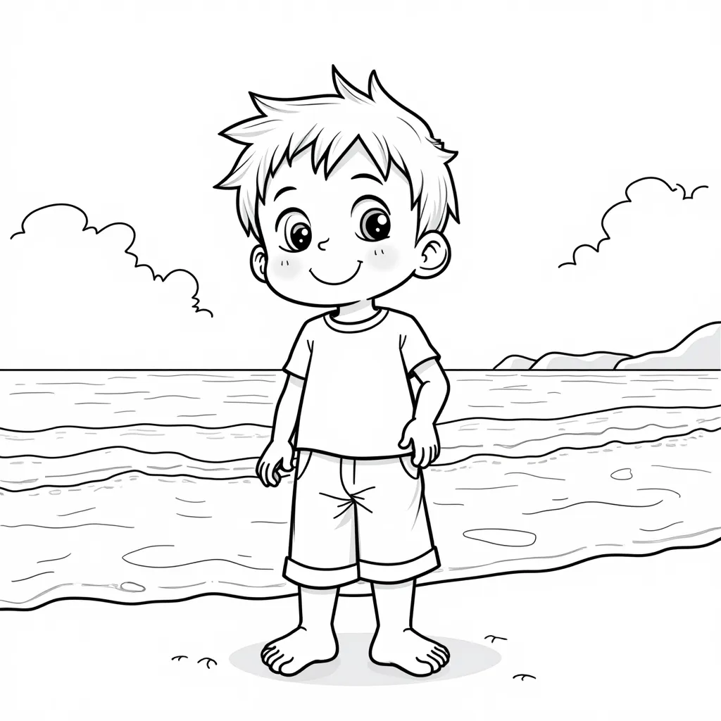 Boy standing at a beach coloring pages