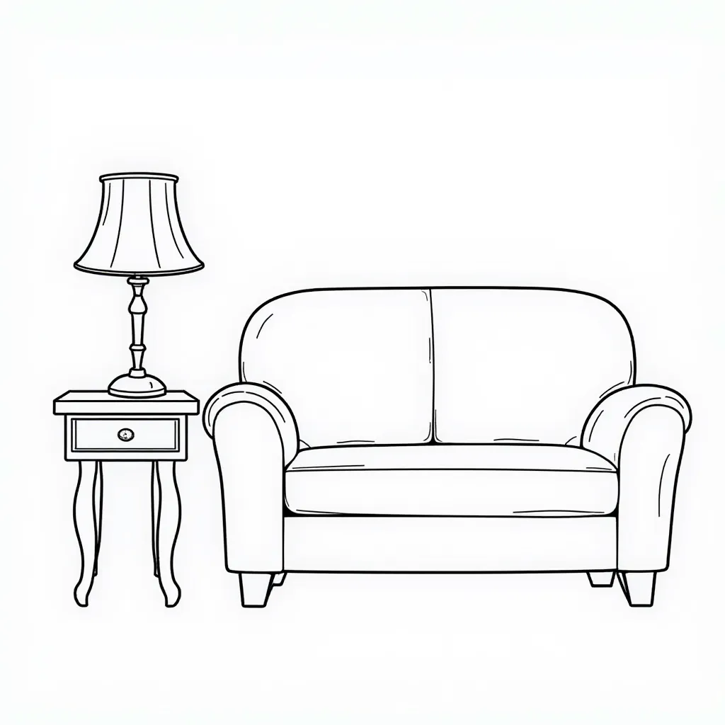 FRONT VIEW OF COUCH WITH END TABLE AND LAMP صفحات التلوين