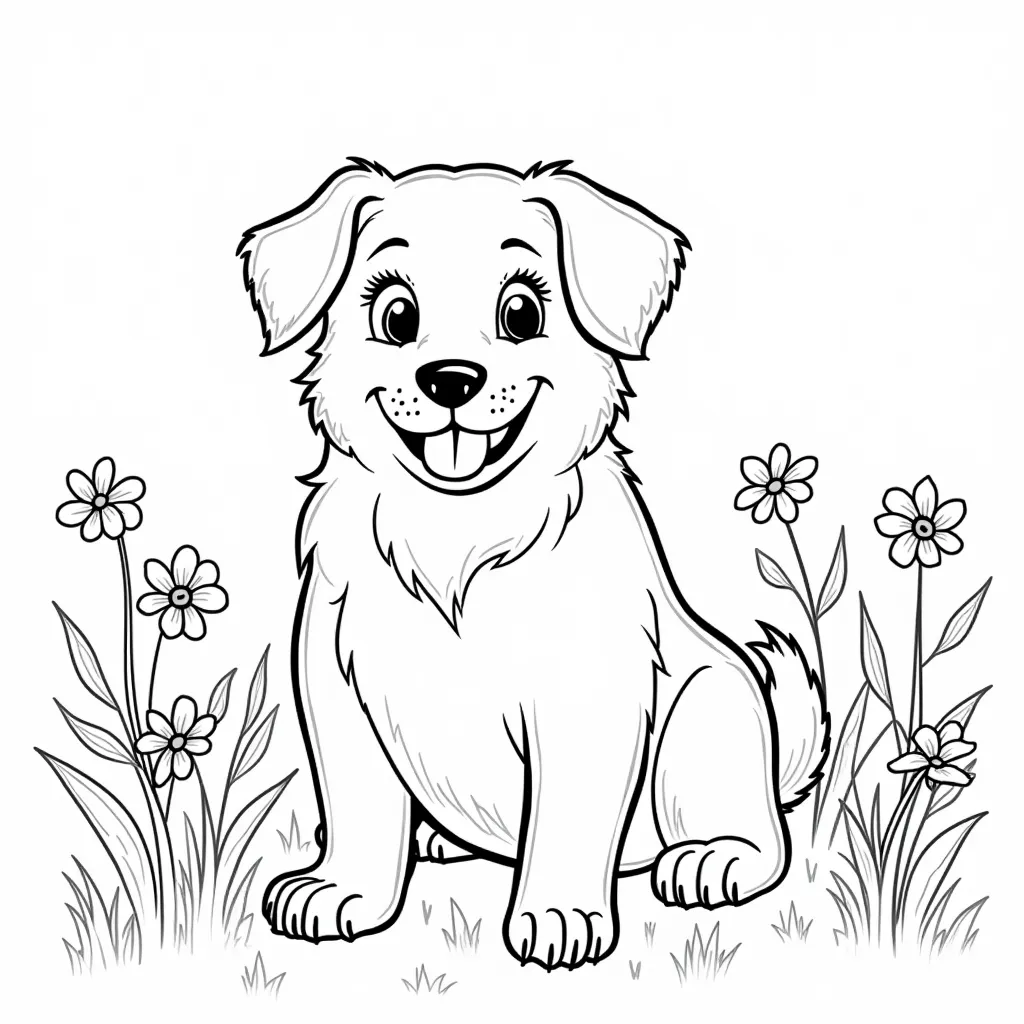 A happy dog in a field of purple wildflowers coloring pages