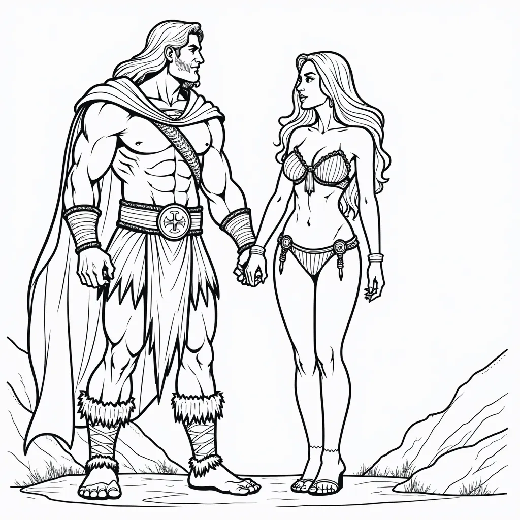 barbarian warrior standing over a bikini clad princess coloring pages