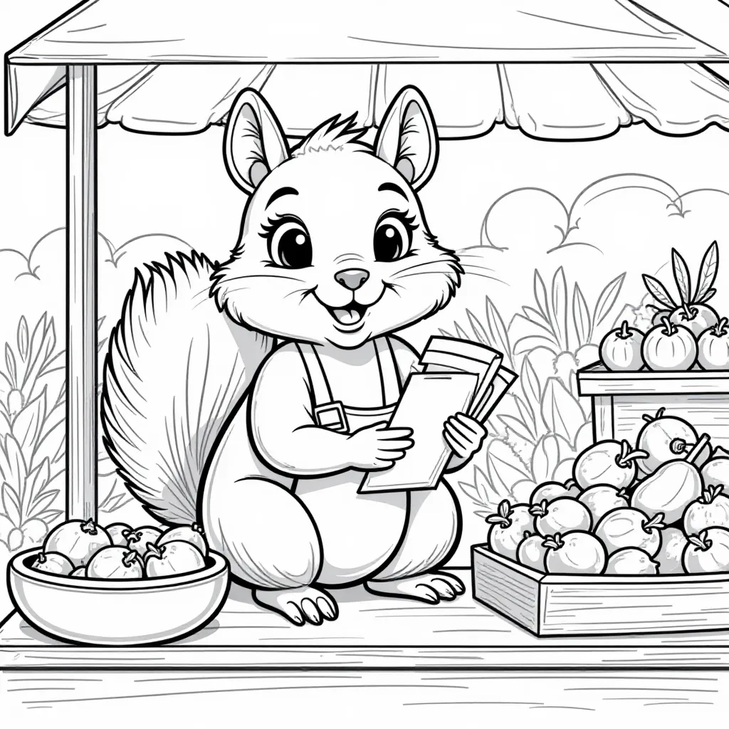 A squirrel cashier ringing up groceries at a quaint farmers market stall صفحات التلوين