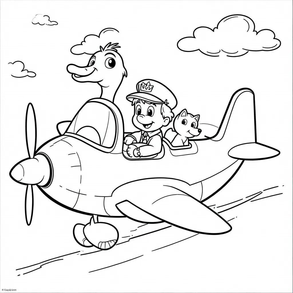 A duck pilot flying a small plane with animal passengers looking out the windows Páginas para Colorear