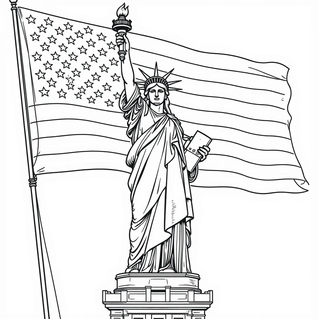 Statue of Liberty with American Flag صفحات التلوين