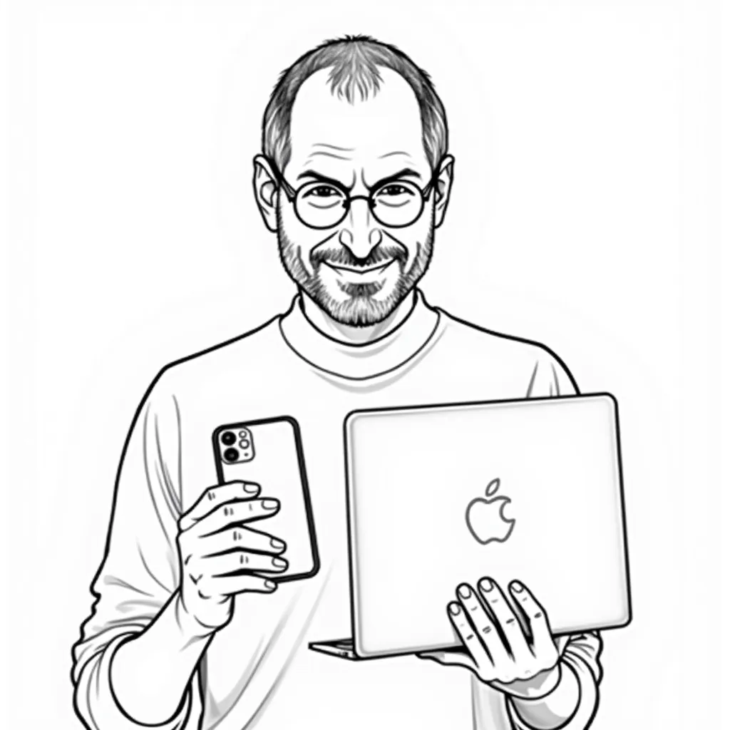 steve jobs ceo apple holding an iphone and ipad and macbook coloring pages