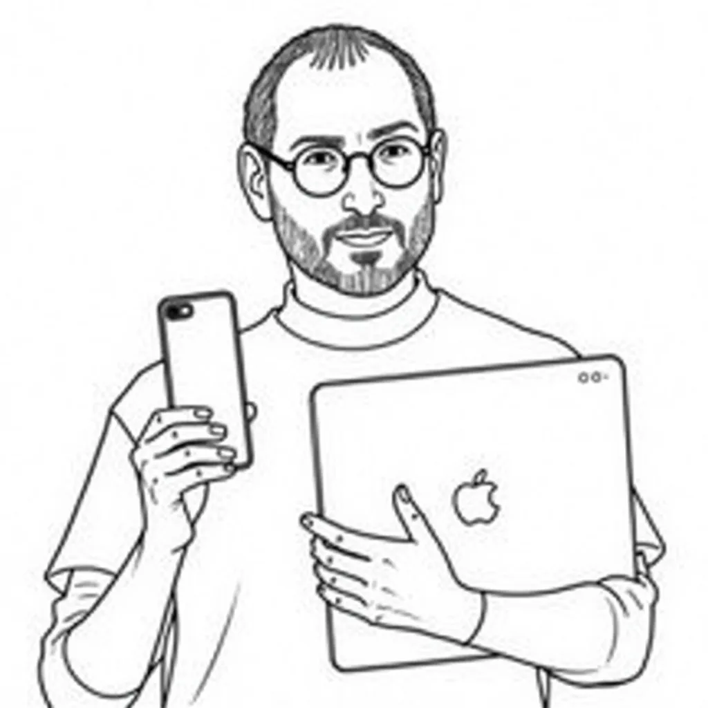 steve jobs ceo apple holding an iphone and ipad and macbook coloring pages