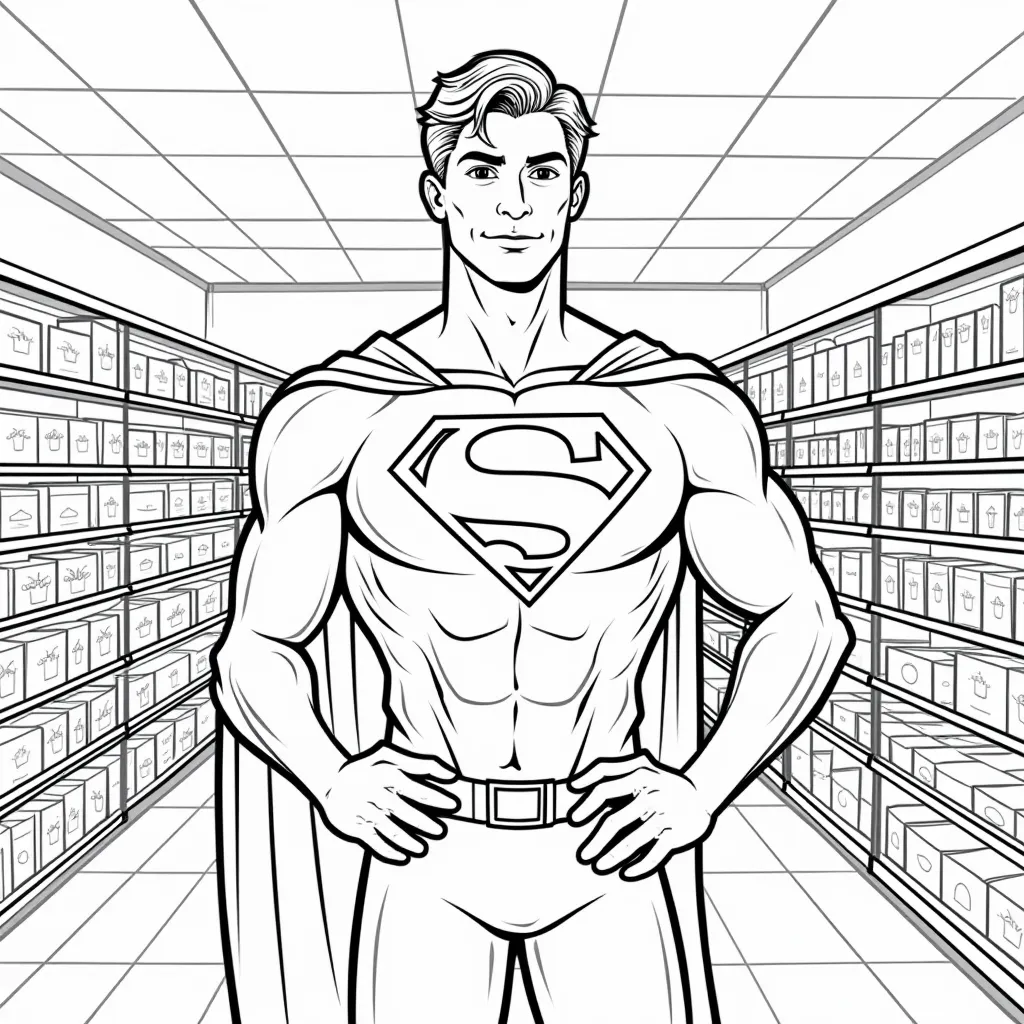 Super man in grocery store as teller coloring pages