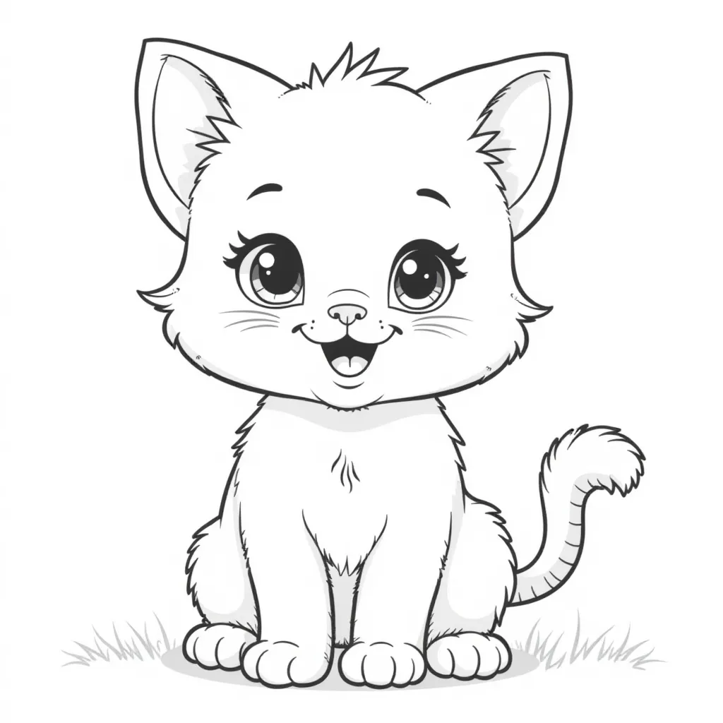 Fluffy cartoon kitten smiling perfect for a fun kids' coloring activity صفحات التلوين