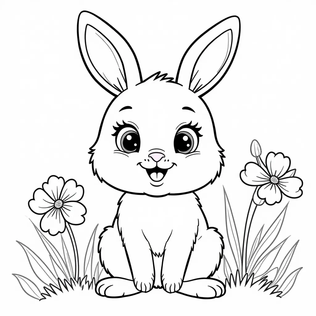 Cute cartoon bunny with big eyes flowers and grass for a children's coloring sheet صفحات التلوين