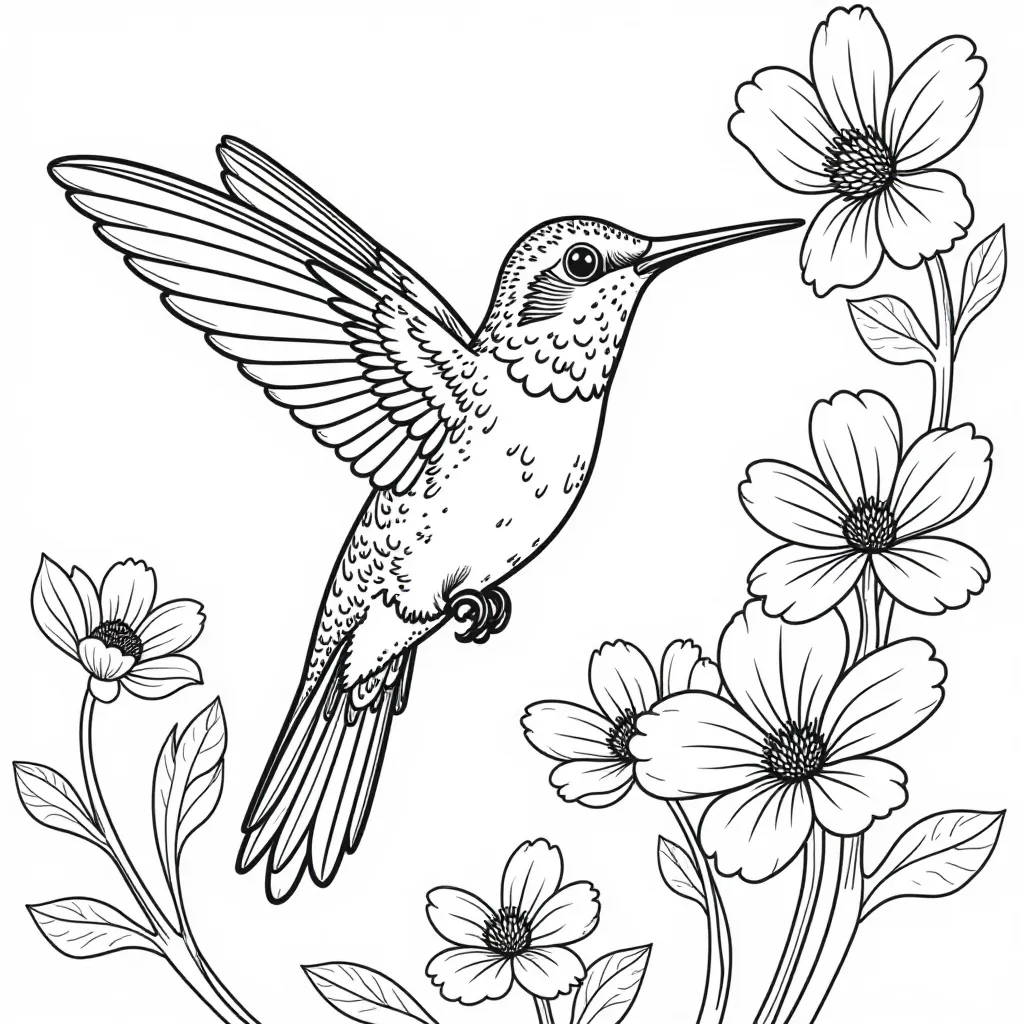 Hummingbird with Flowers صفحات التلوين