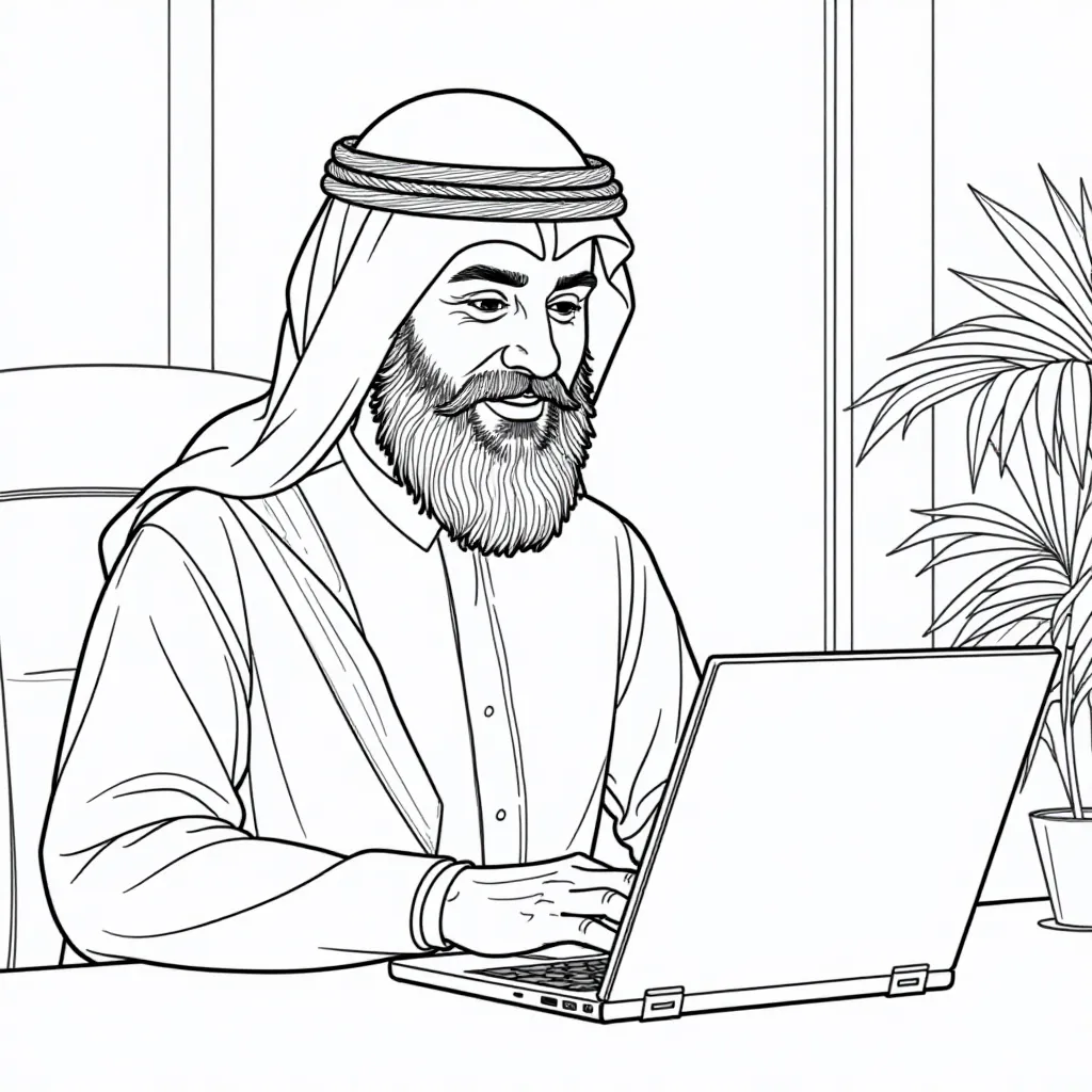 شيخ يعمل على مكتب فيه لابتوب صفحات التلوين