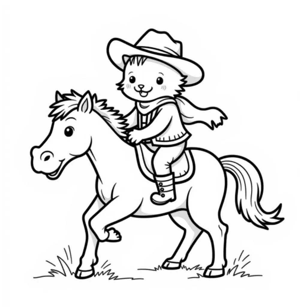 Fluffy cat dressed as a cowboy riding a bucking bronco  coloring pages