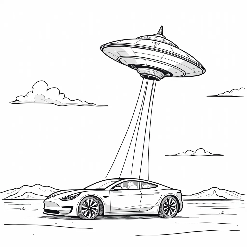 alien mothership beaming up a tesla roadster coloring pages