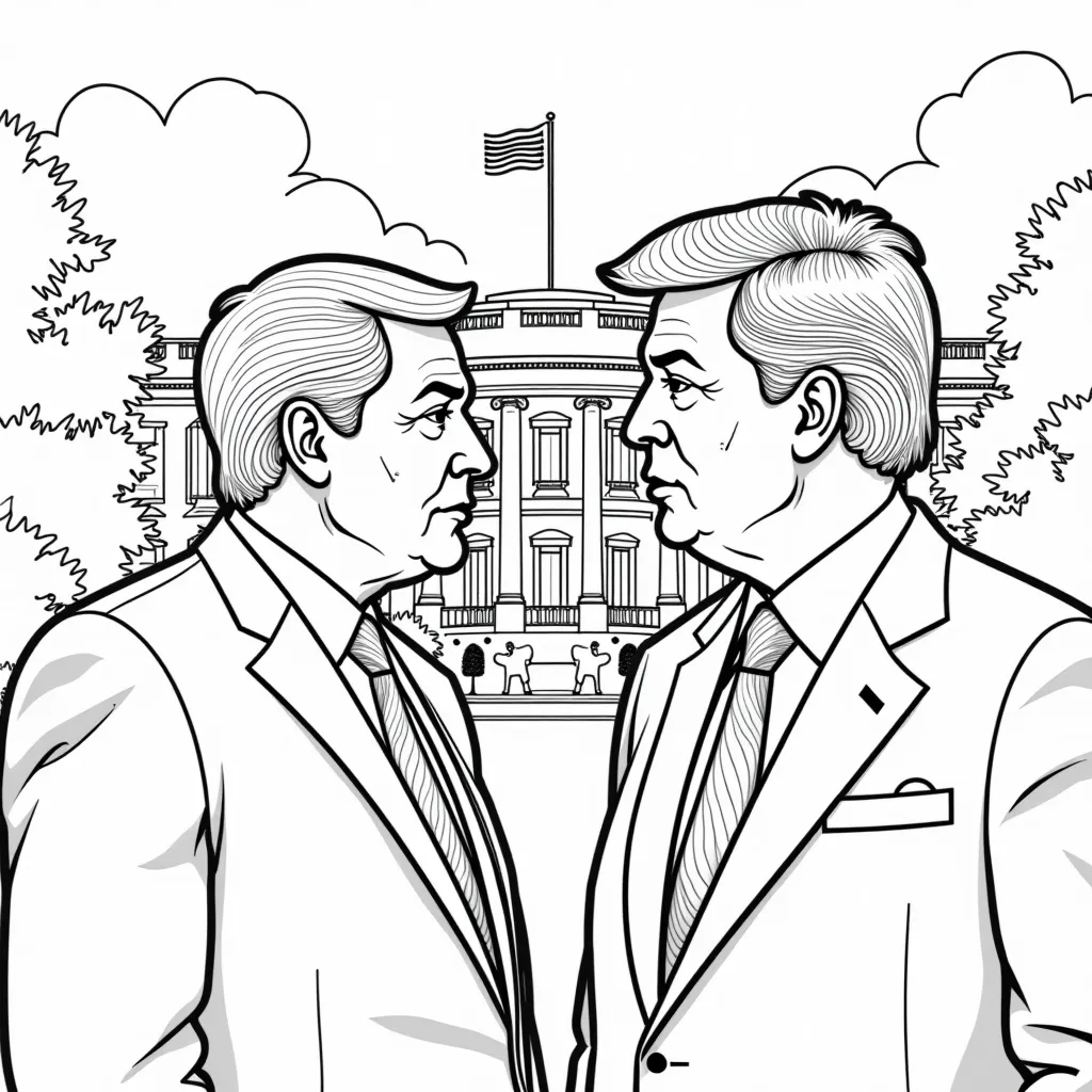 Donald Trump and Elon Musk watching the White House burn coloring pages