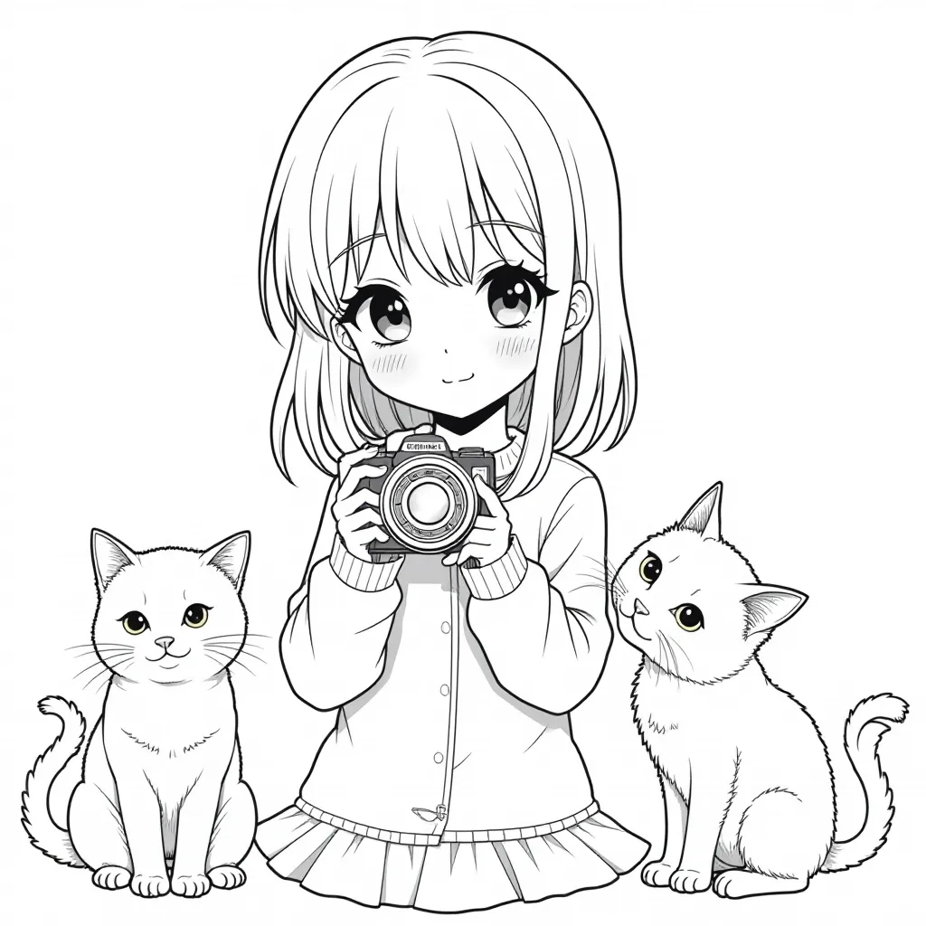 a little anime girl with a camera cats beside صفحات التلوين
