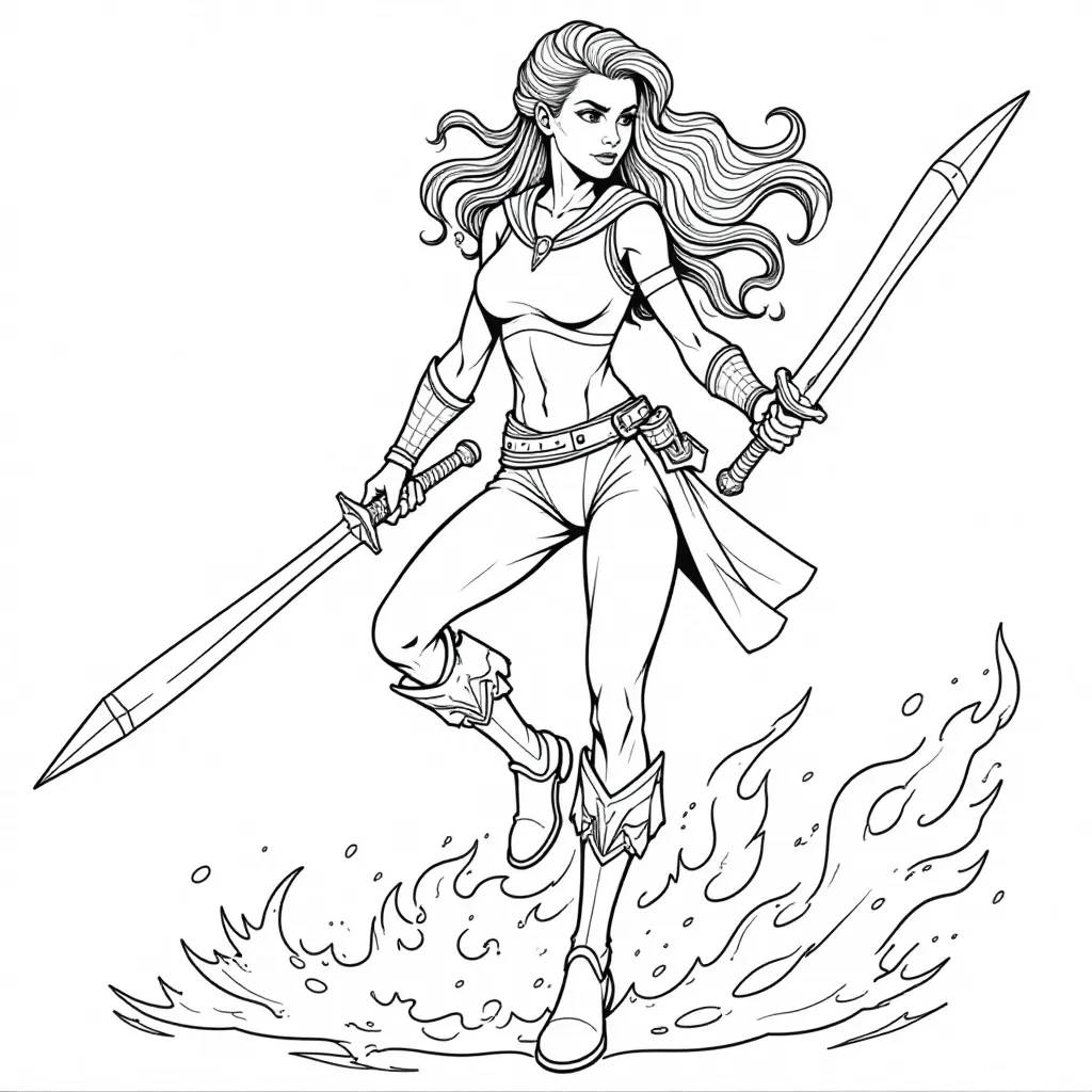 Flame Warrior Anime Girl summoning fire tornado fierce expression bold lines fiery background صفحات التلوين