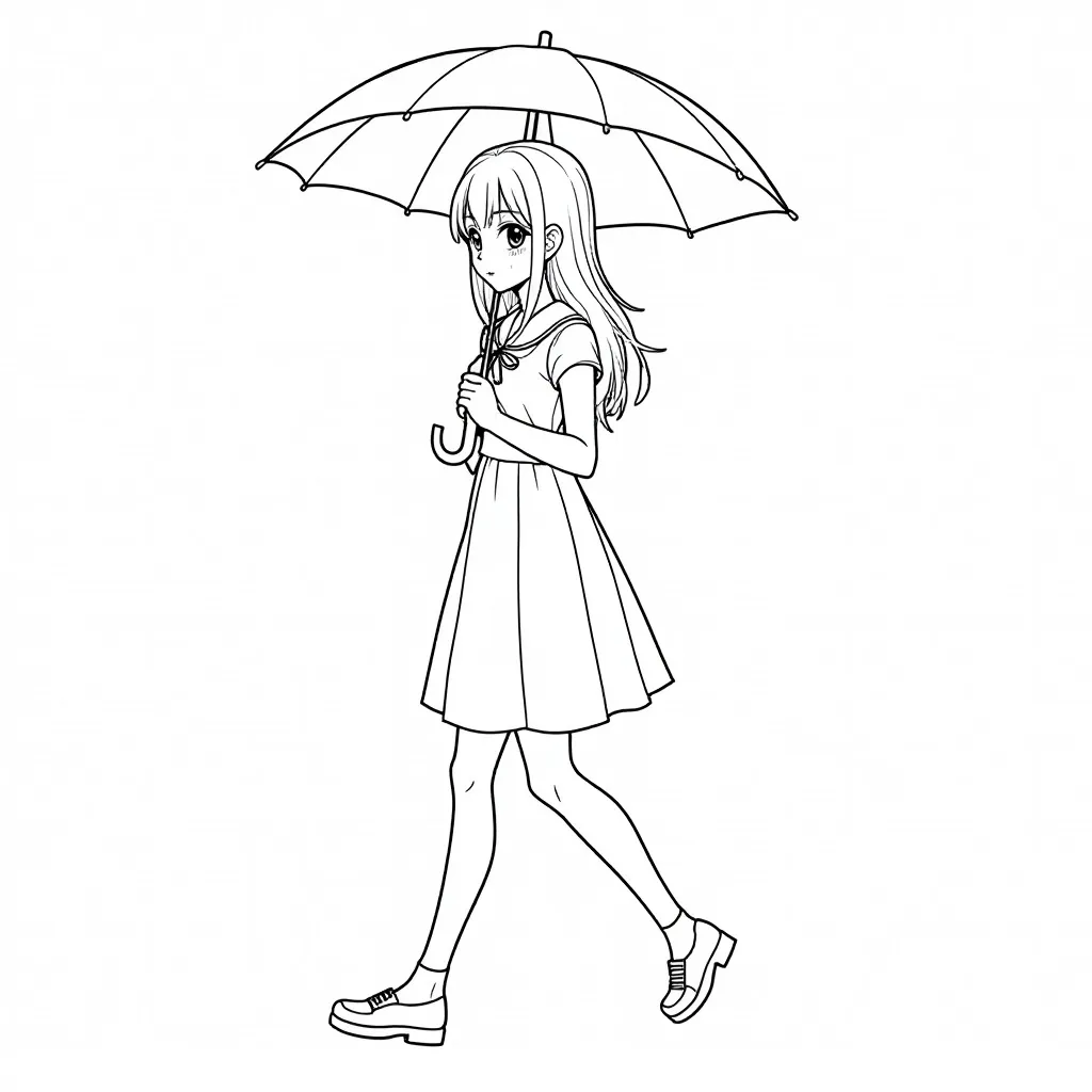 a little anime girl with an umbrella walking صفحات التلوين