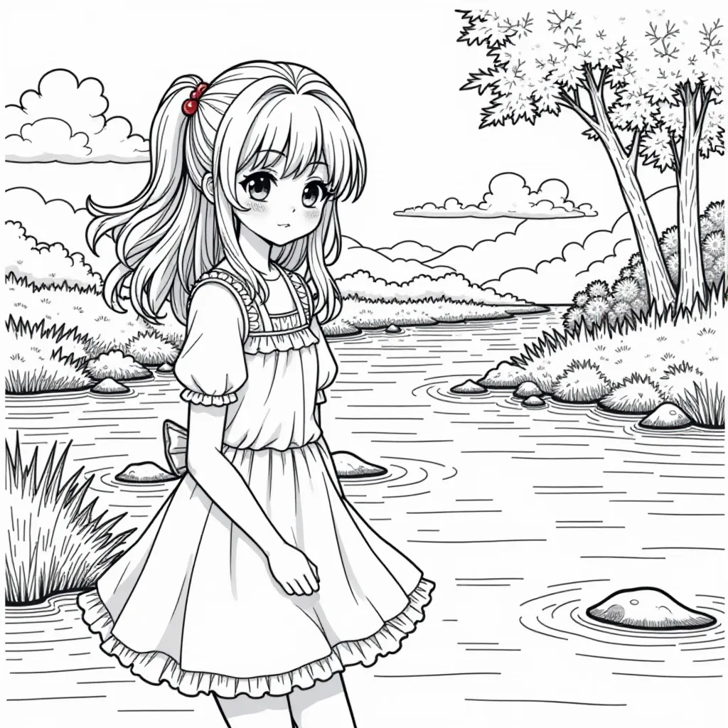 anime girl beside river صفحات التلوين