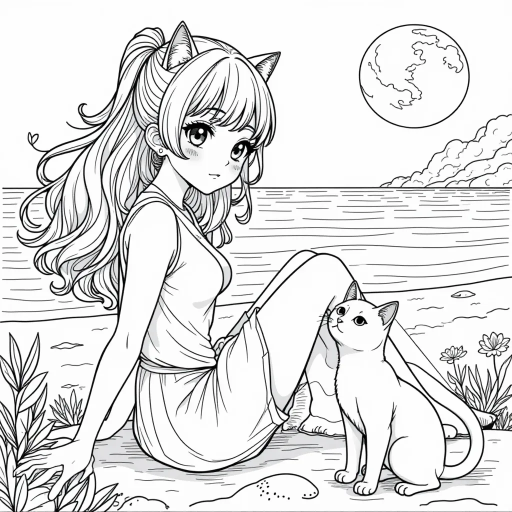 anime girl seeing ocean with cats Páginas para Colorear