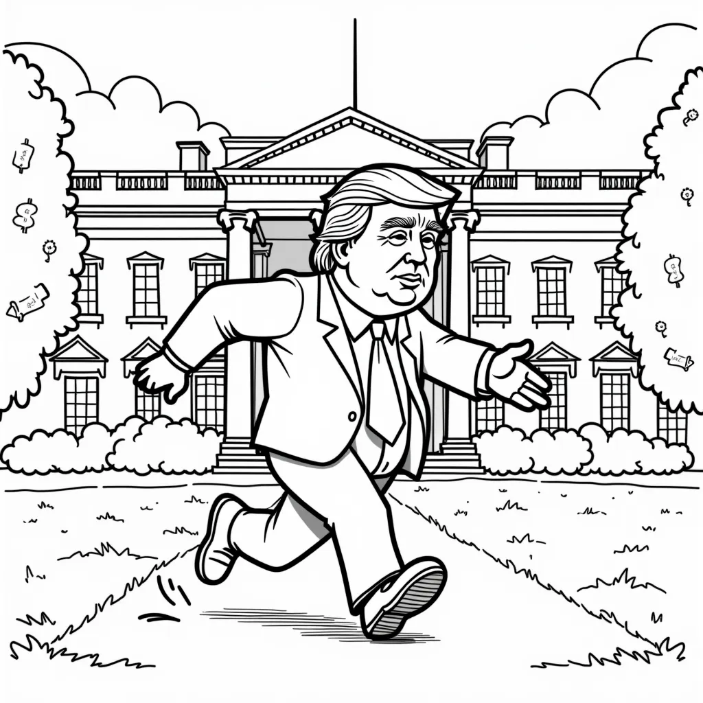 Donald Trump running out White House with sacks of money coloring pages