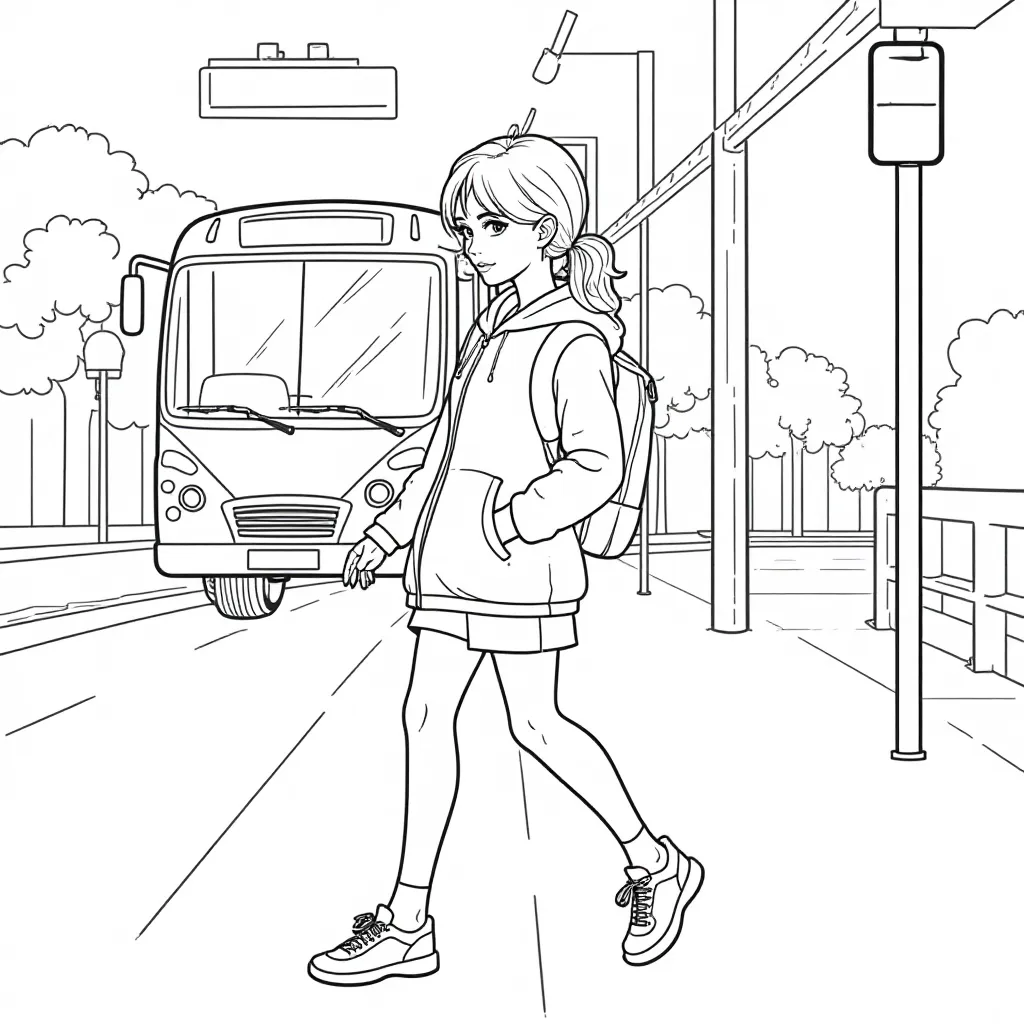 anime girl in bus station صفحات التلوين