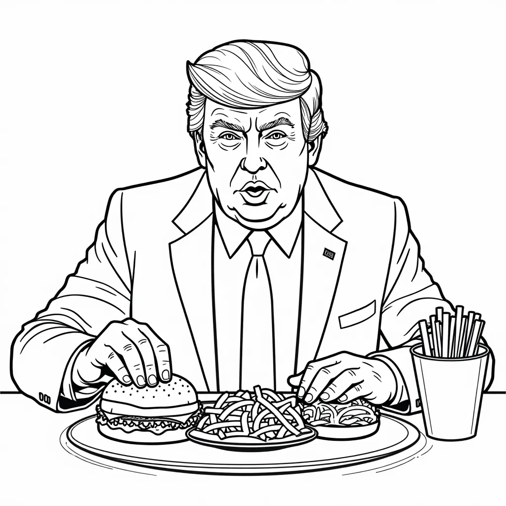 Donald Trump enjoying a table full of McDonalds fast food coloring pages