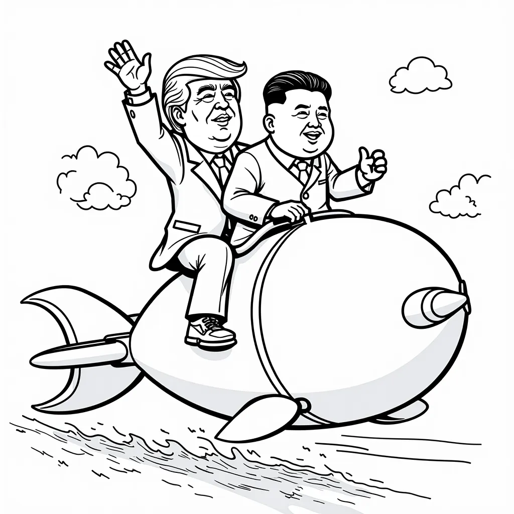 Donald Trump and Kim Jong Un riding a bomb referencing Dr Strangelove coloring pages