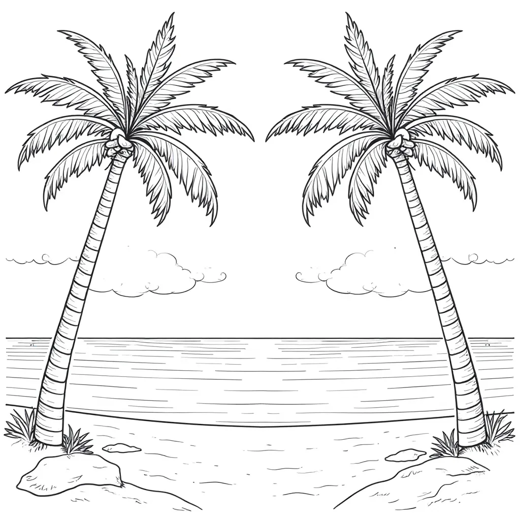 A complex landscape line drawing in Hawaiian style which includes coconut trees by the seaside صفحات التلوين