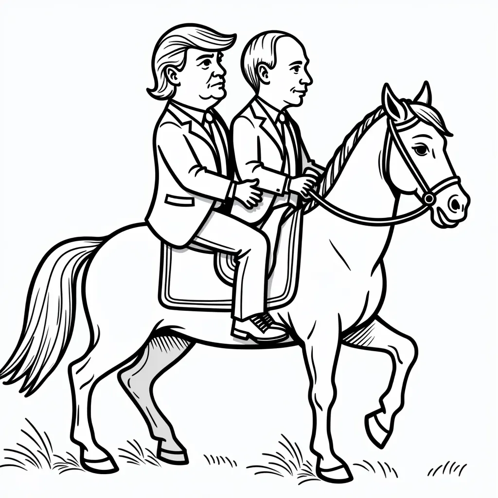 Donald Trump and Vladimir Putin riding together on a horse coloring pages