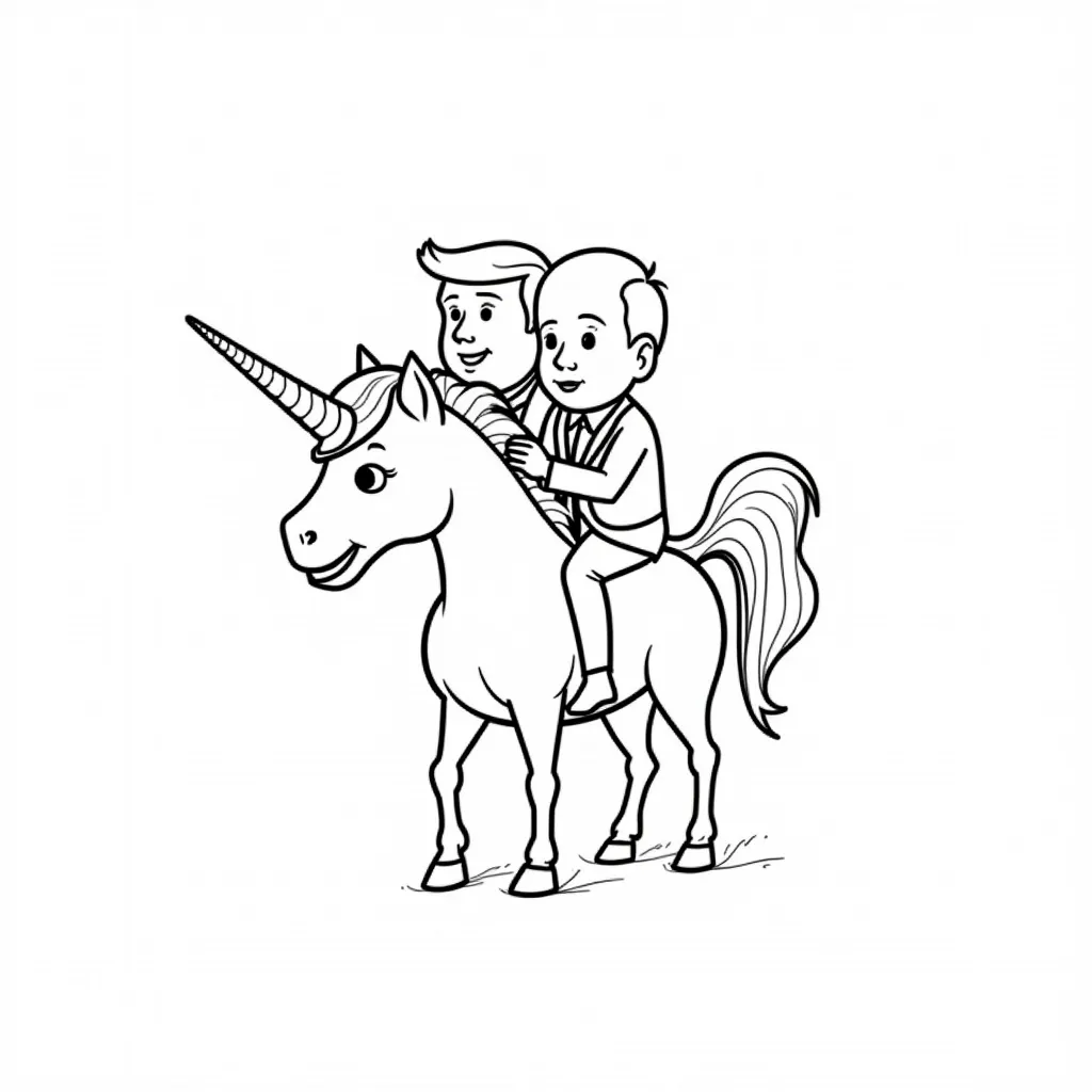 Donald Trump and Vladimir Putin riding together on a  unicorn coloring pages