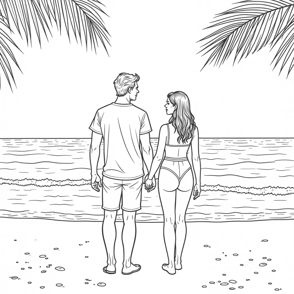 A young couple standing on the beach  صفحات التلوين