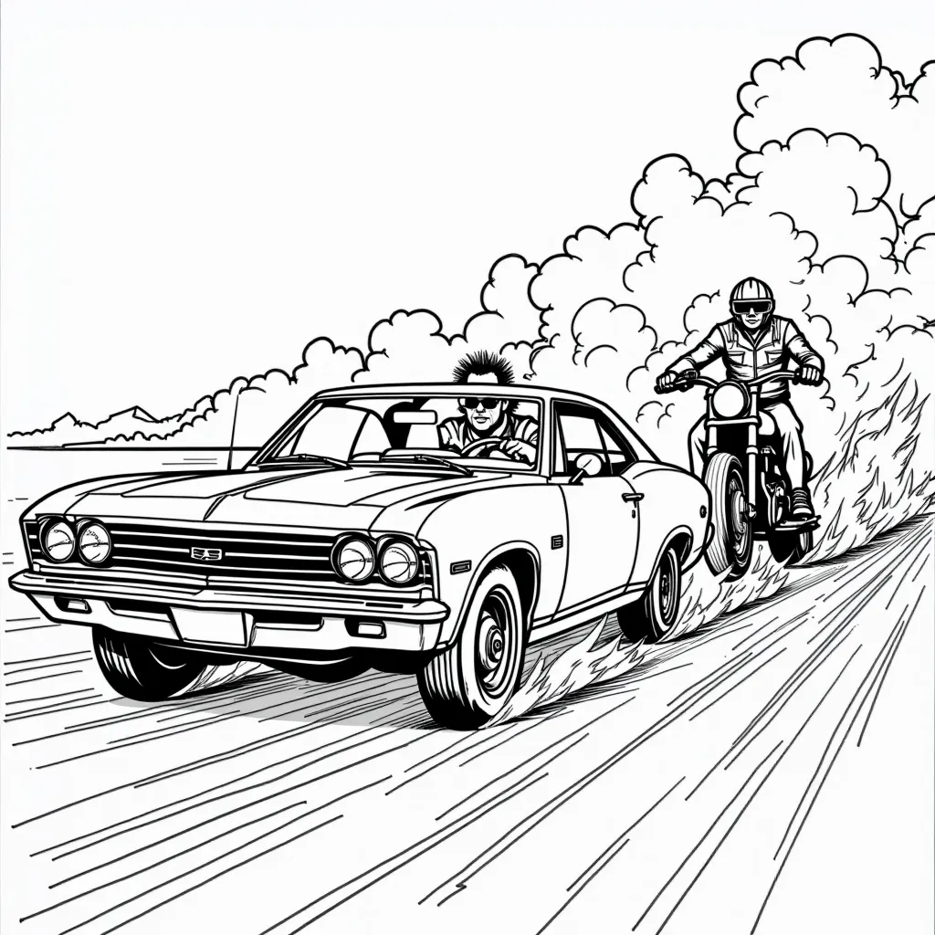 Mad Max drives a car on fire and is chased by Jack on his motorcycle coloring pages