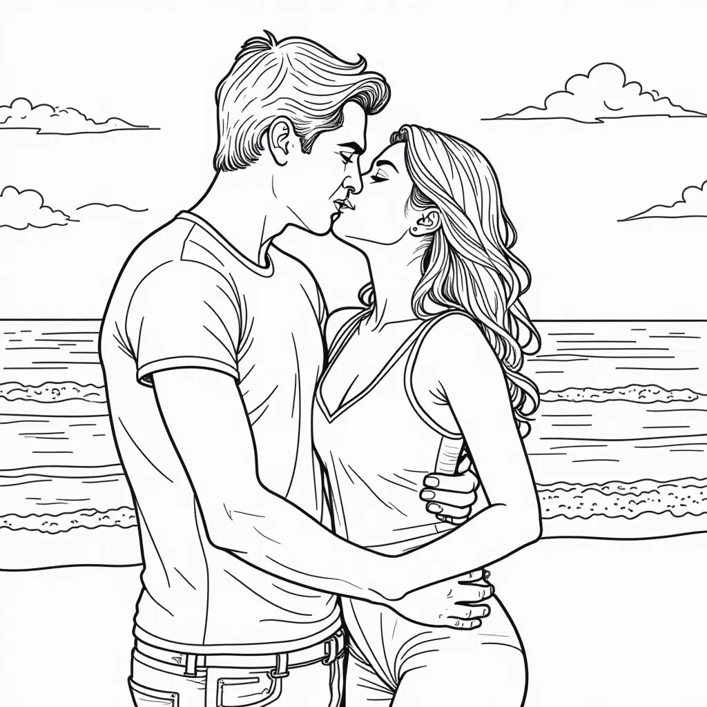 A young couple standing on the beach and the girl is  kissing the boy صفحات التلوين