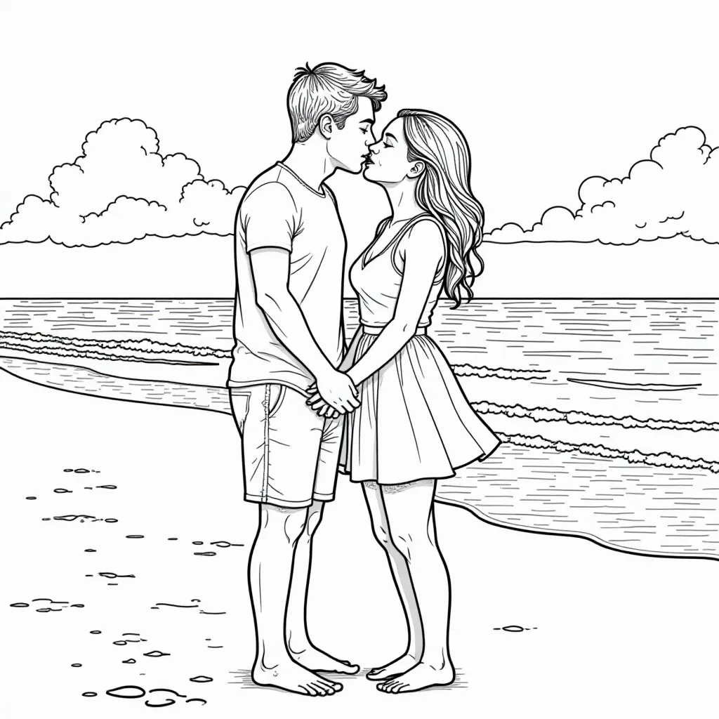 A young couple standing on the beach and the girl is  kissing the boy صفحات التلوين