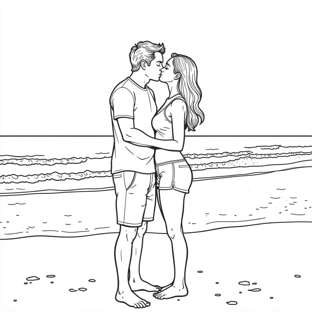 A young couple standing on the beach and the girl is  kissing the boy They are tall  صفحات التلوين