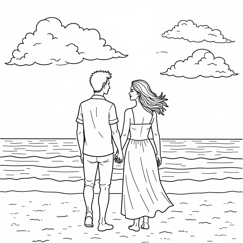 a young couple kissing on the beach They are Chinese very tall and slim The sky is  with some clouds صفحات التلوين