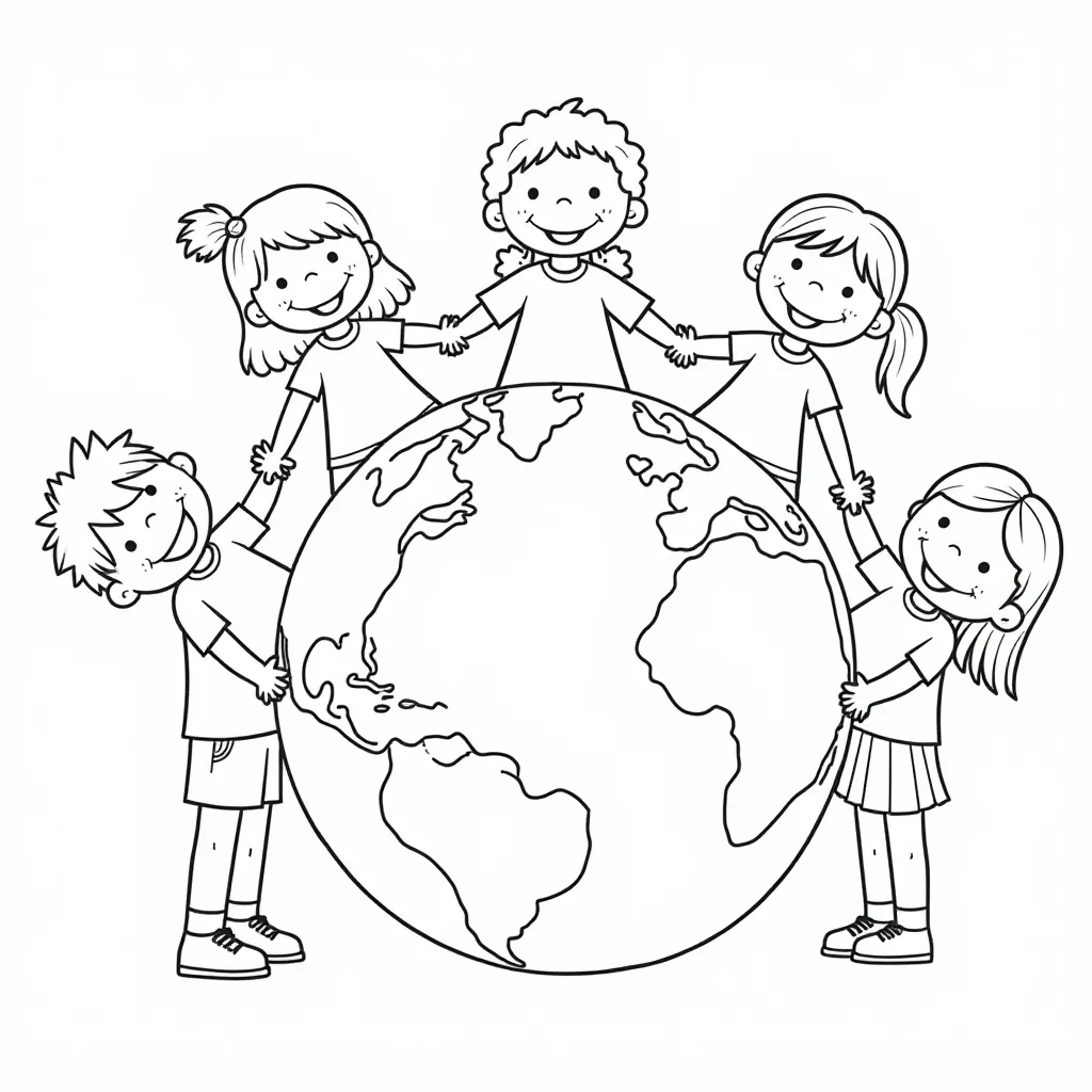  Earth Day Kids Holding Hands Around the Earth Coloring Pages