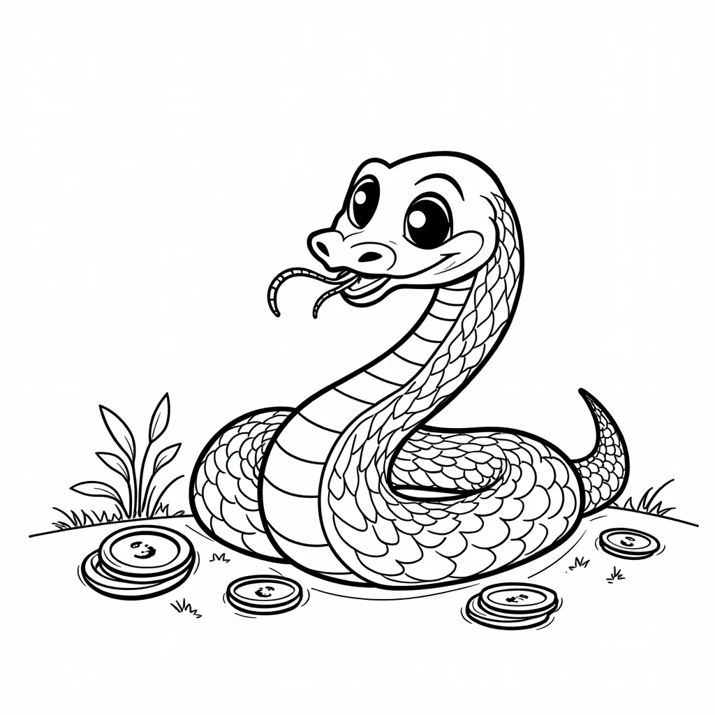 In the New Year spirit snake mouth bite gold coins to send good luck to everyone coloring pages