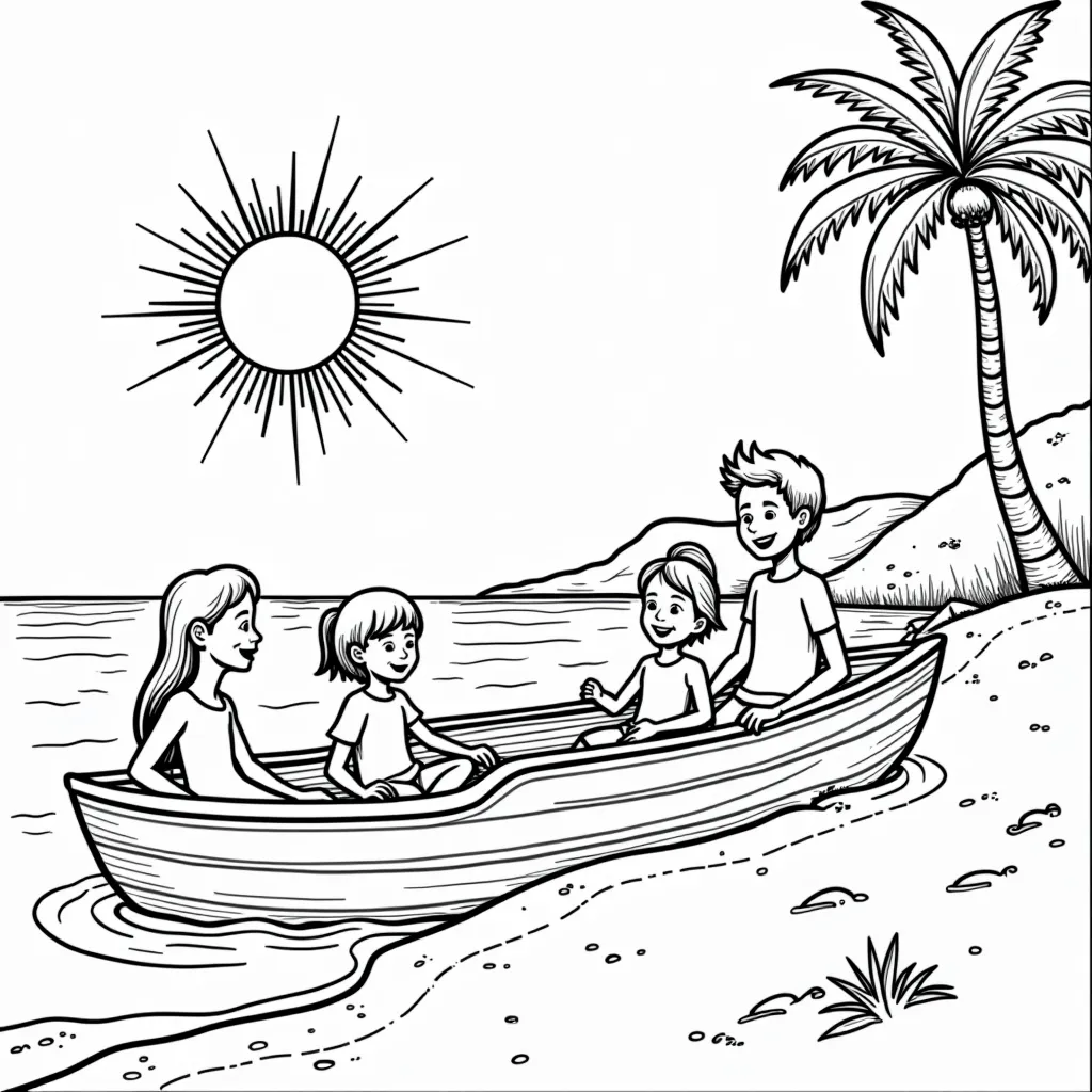 a sun a beach a boat a family paly  coloring pages