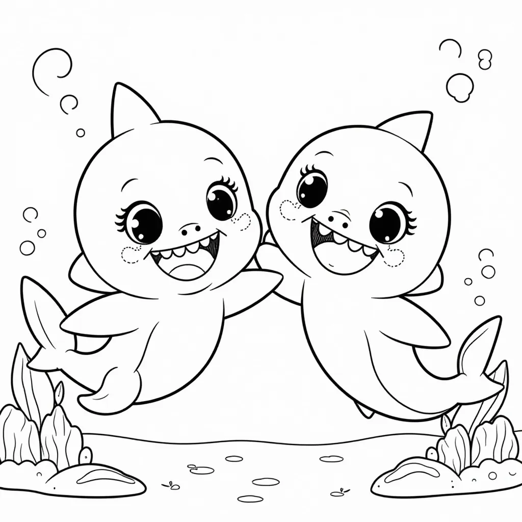  Baby Shark with Mommy Shark صفحات التلوين