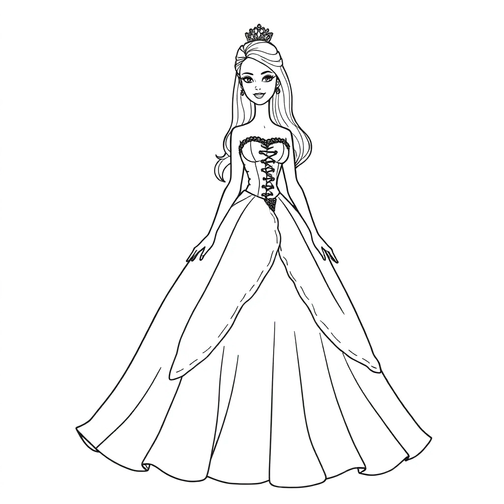 Barbie com vestido grande e rodado com detalhes صفحات التلوين