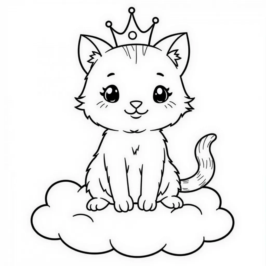 A cute cat sitting on a cloud with a crown on her head coloring pages