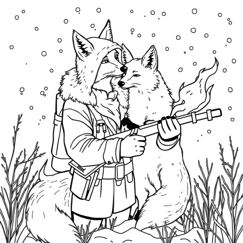 A hunter cradles a fox by a fire snowstorm outside Once saved nuzzling warmth into his solitude صفحات التلوين